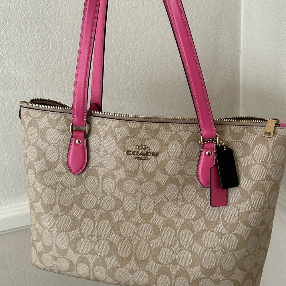 Coach Pink and Tan Signature Tote with Leather Trim